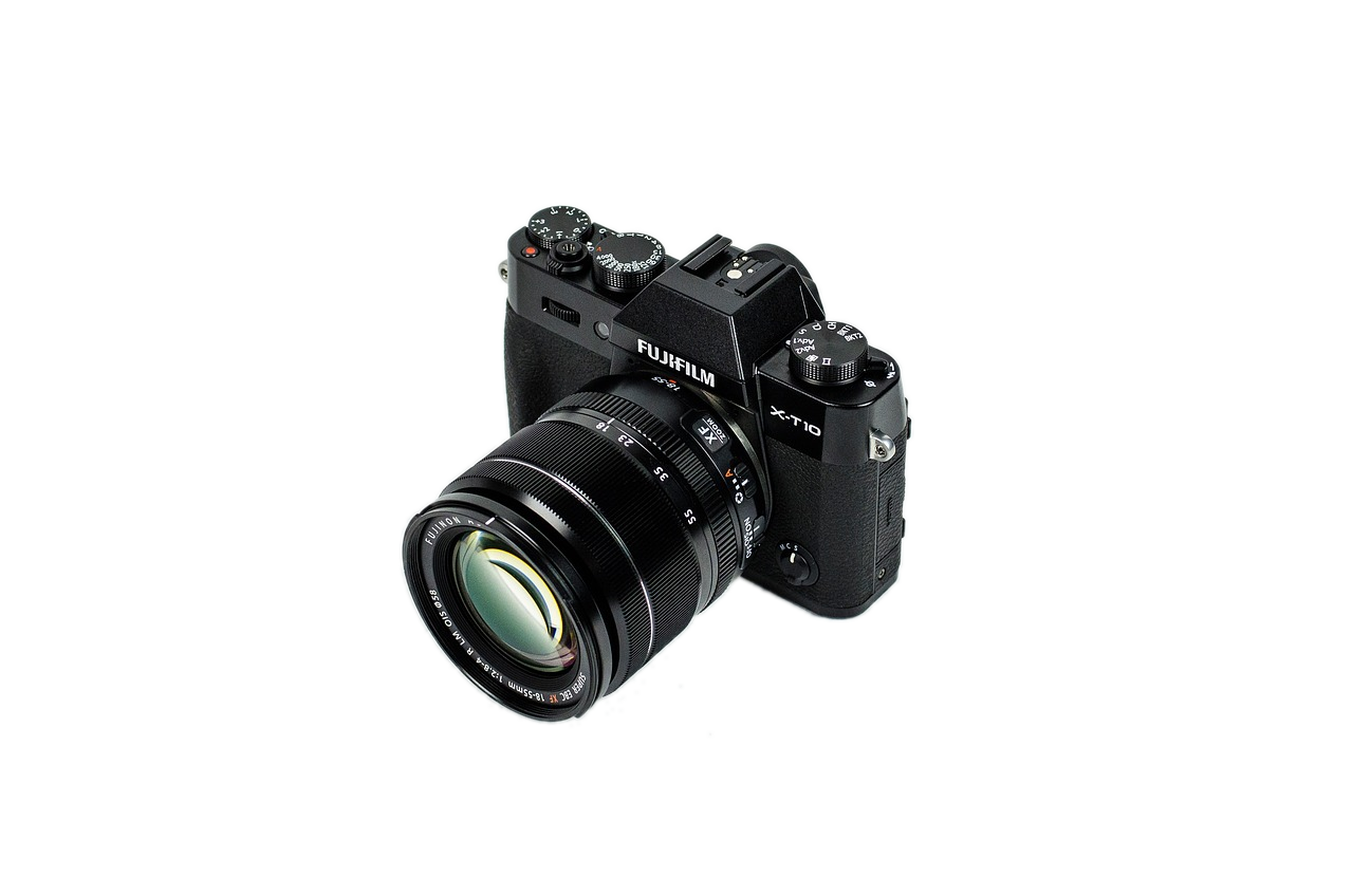 Fujifilm mirrorless camera with lens attached